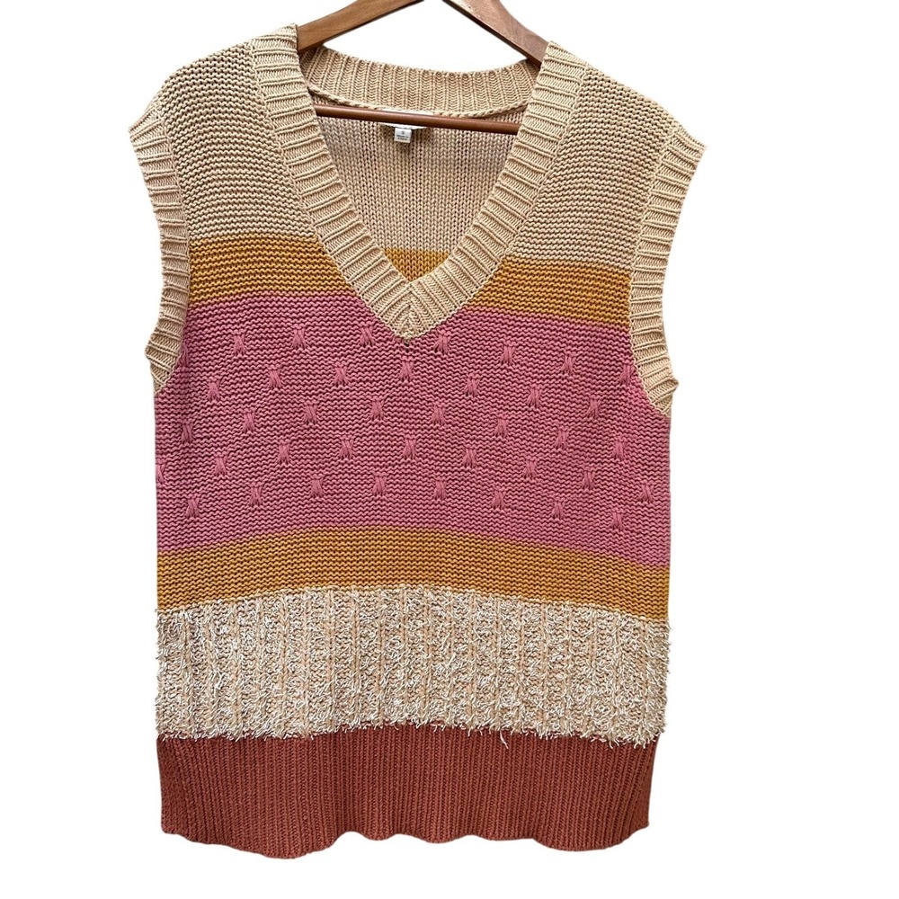 Umgee‎ Knit Sweater Vest Oversized Fall Tan Brown Casual Pullover V Neck Size SM